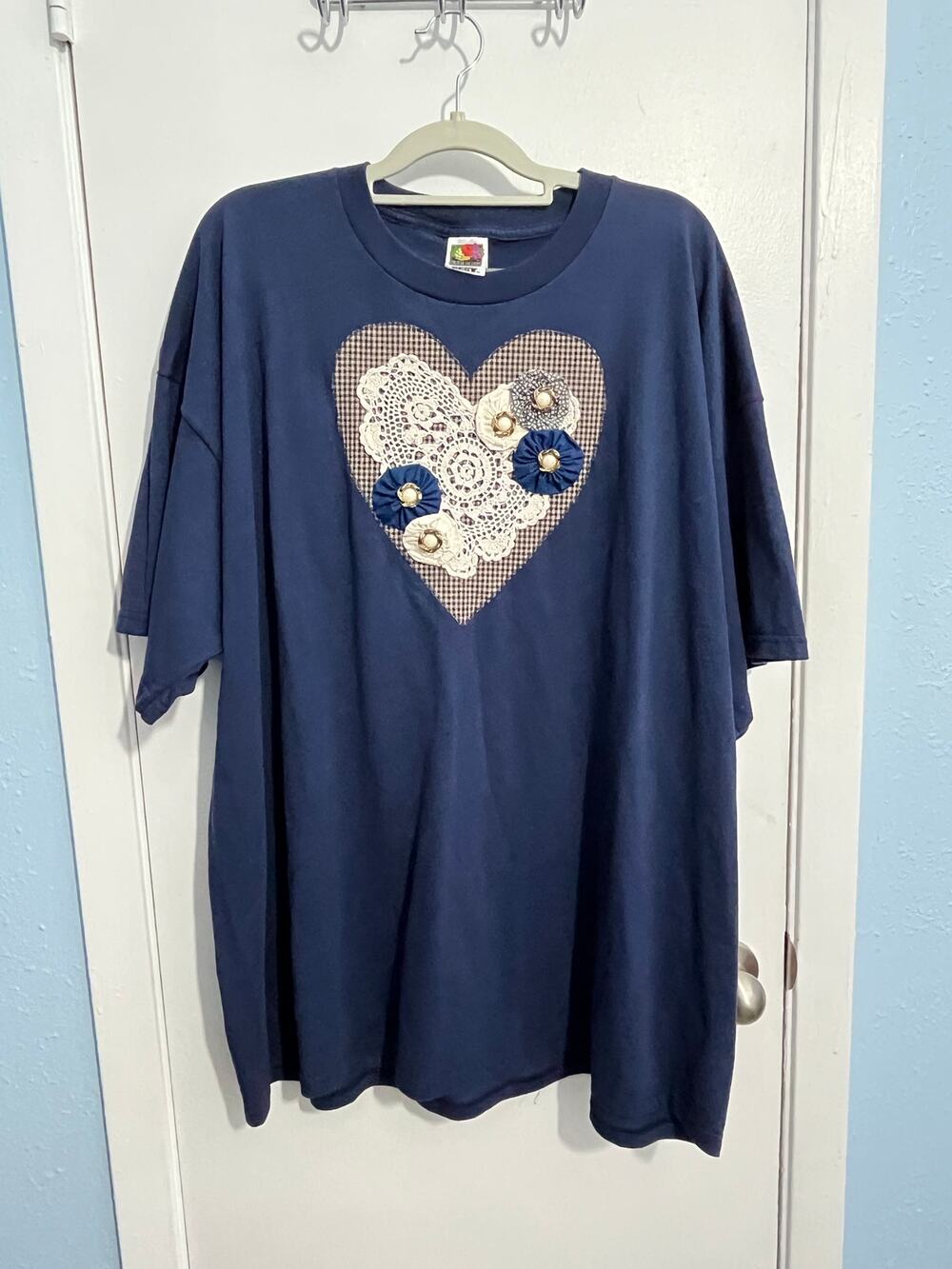 VTG Upcycled Yo-Yo Heart T-Shirt Blue Granny Core Doily Cottage Core